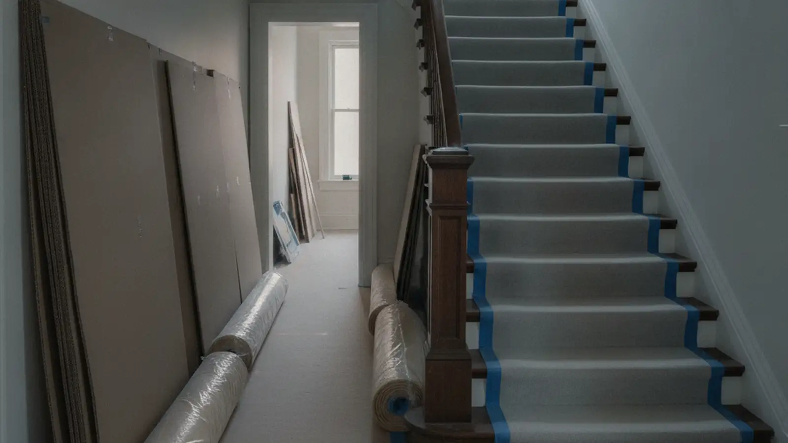 Rolls of floor protection and stacked corrugated board set out in a brownstone hallway before work begins, the stair wrapped.