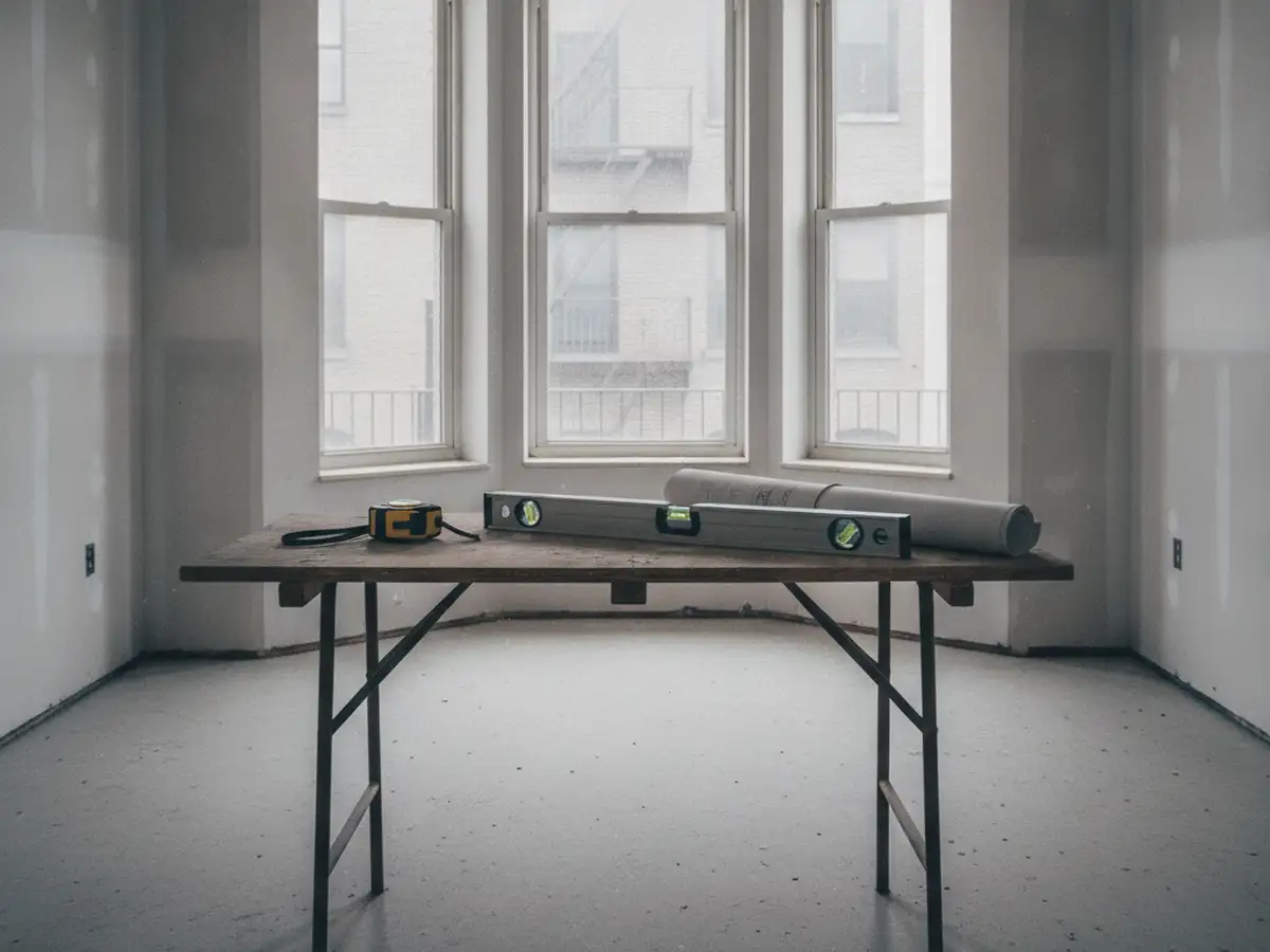 A folding worktable in an empty apartment with a tape measure, a level and a roll of drawings, a bay window behind.