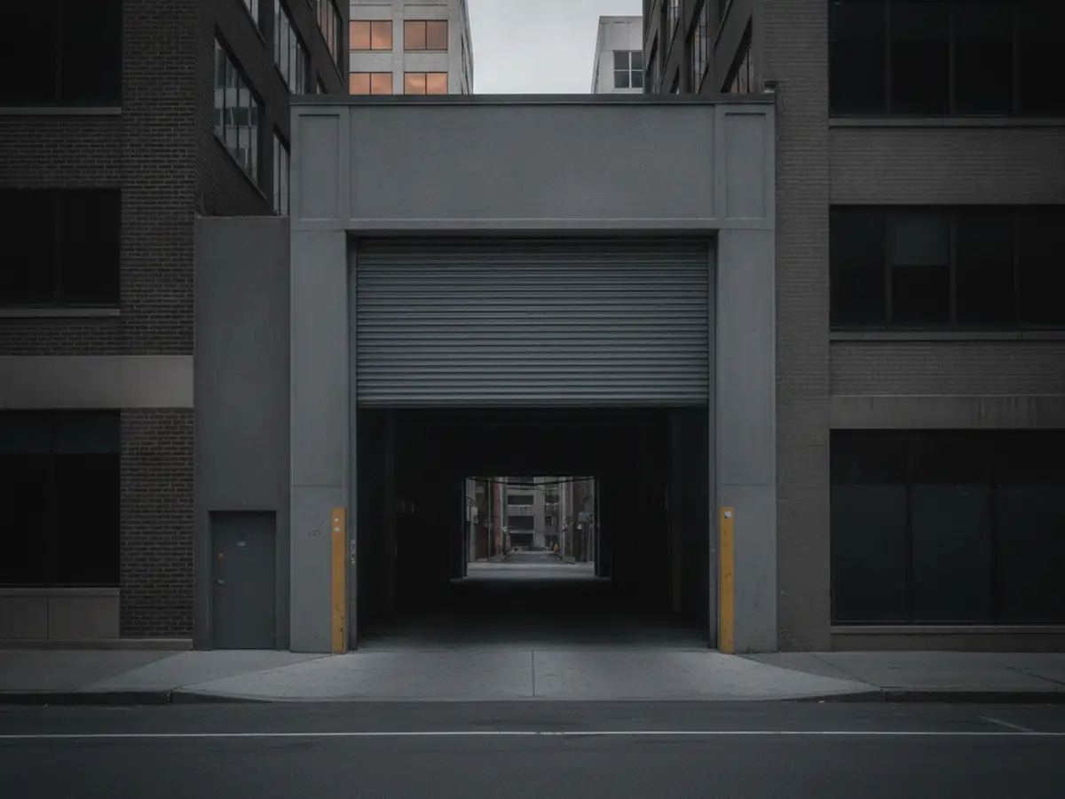 A Downtown Brooklyn street with mid-rise office buildings and a loading dock's roll-up door open onto a bare corridor.