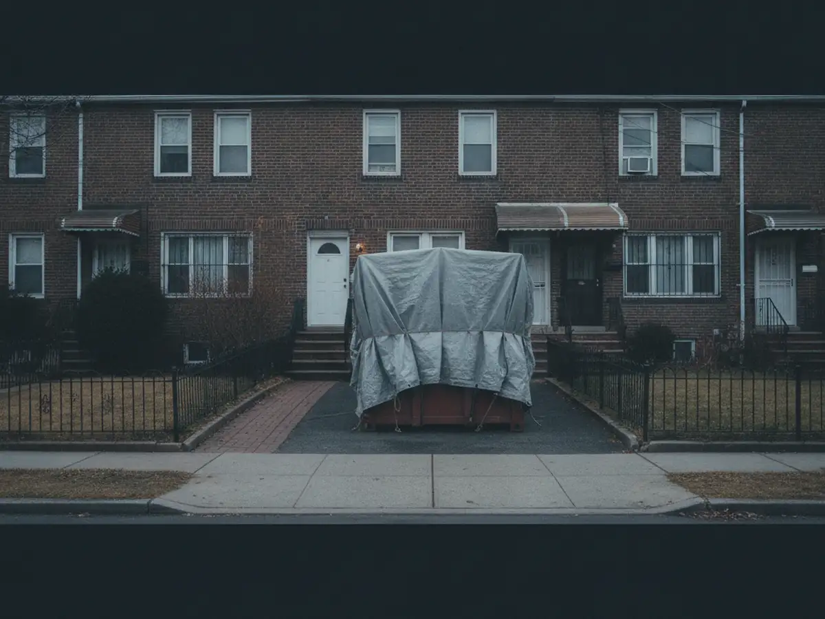A quiet street of attached two-storey brick houses with short driveways, a covered container standing in one of them.