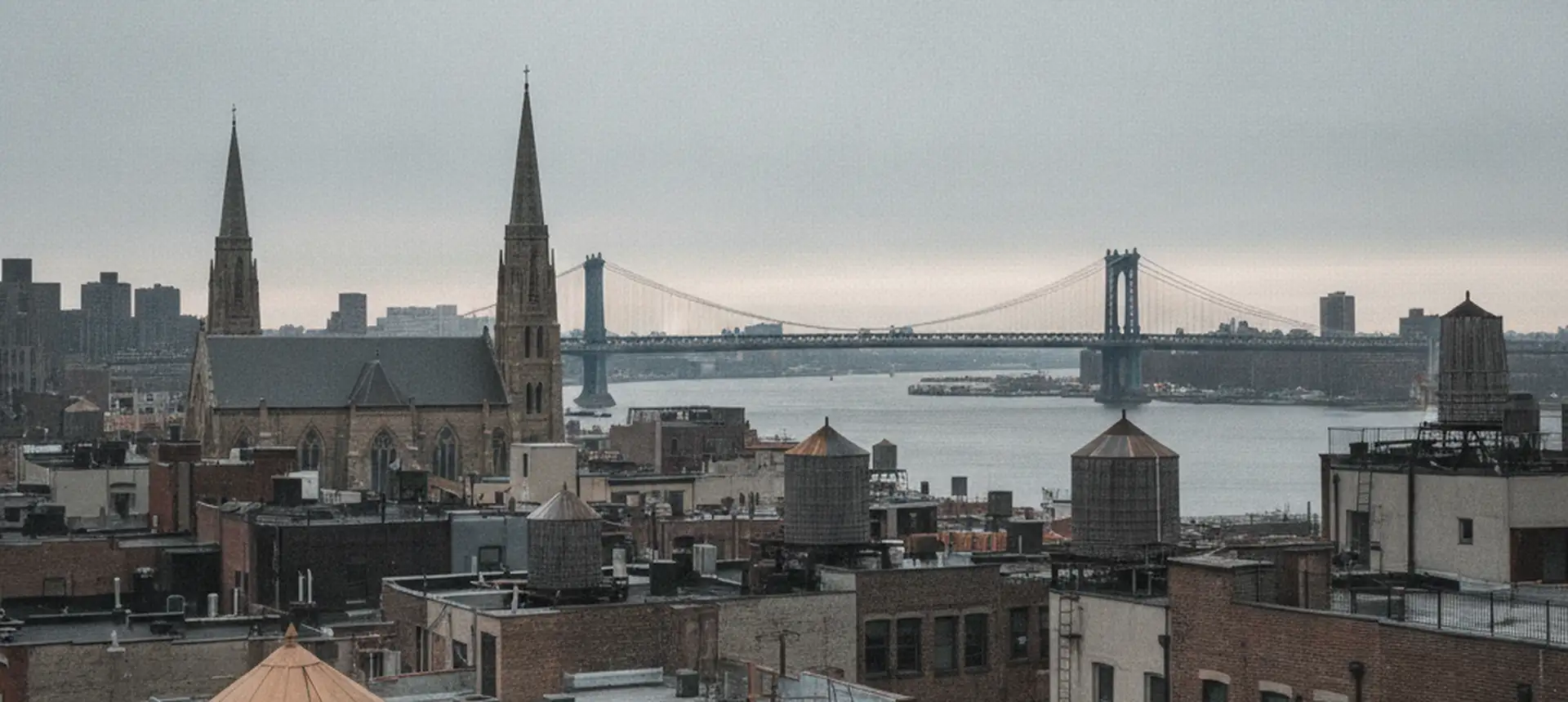 A wide view across Brooklyn rooftops toward a bridge and the river, with water towers and church spires under flat light.