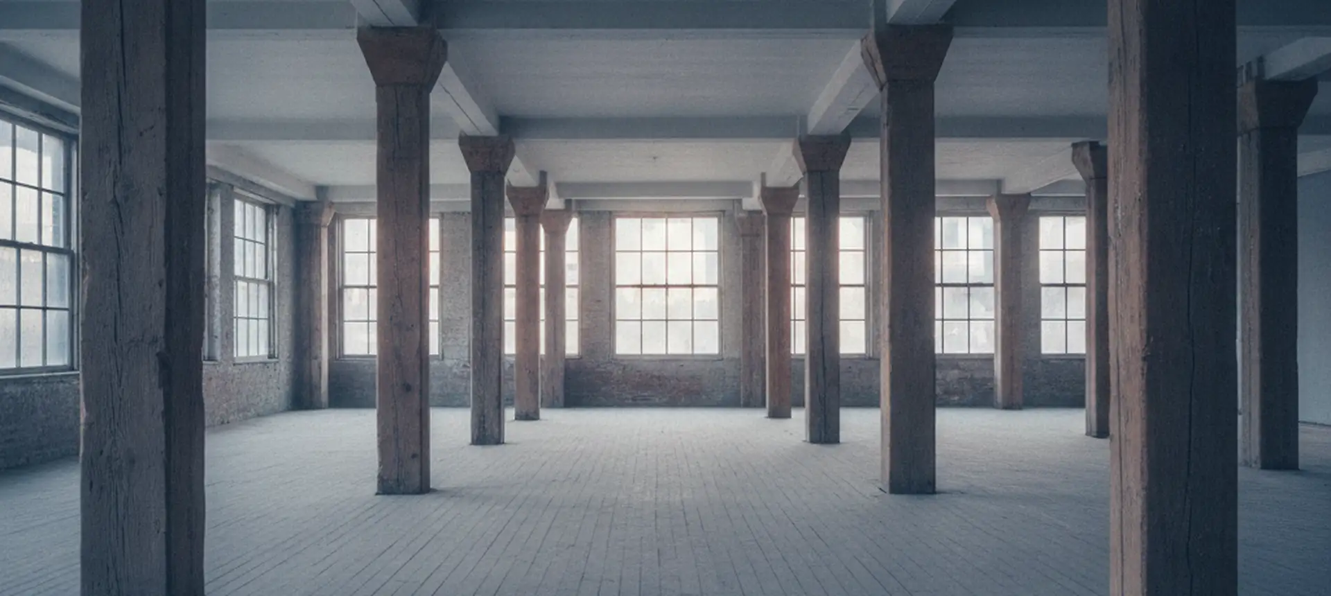 A long empty loft floor in a converted warehouse, heavy timber columns receding toward windows at the far end.