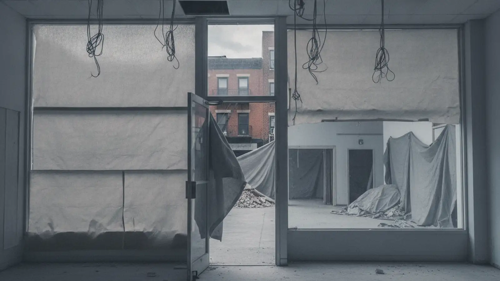 A ground-floor retail unit on a Brooklyn avenue mid strip-out, its shopfront papered over and the ceiling grid coming down.