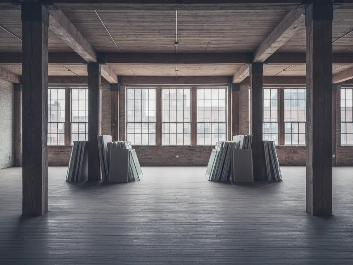 A converted warehouse floor with heavy timber columns, partitions removed and stacked, big industrial windows.