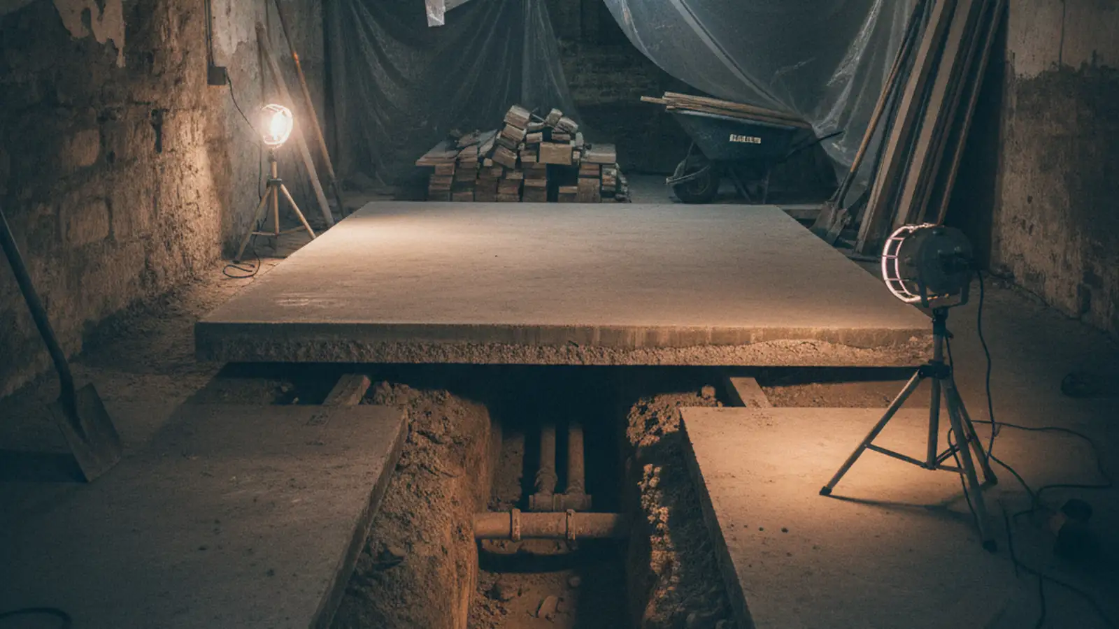 A brownstone cellar with a section of concrete floor slab cut and lifted out, the trench below exposed under work lights.