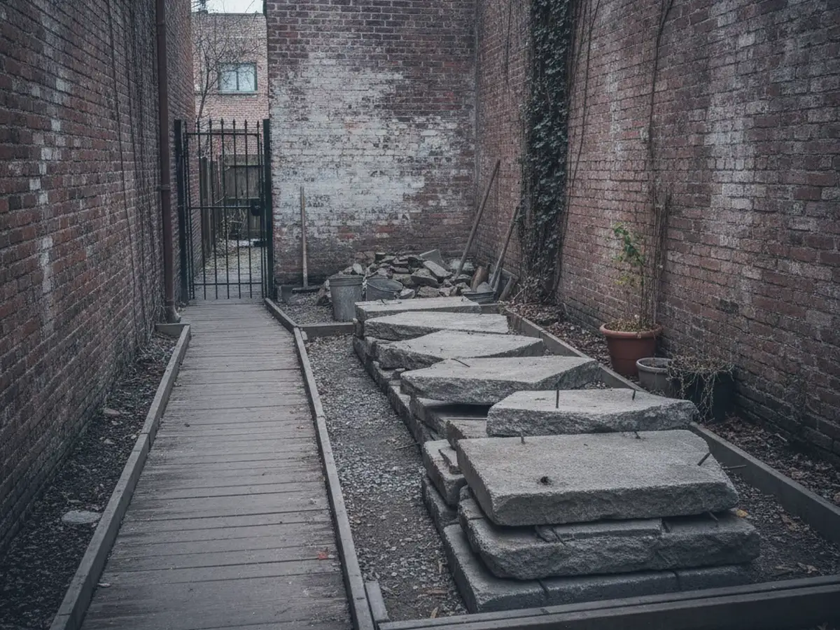 A small back yard with an old concrete slab broken into liftable pieces stacked on a protected path between brick walls.