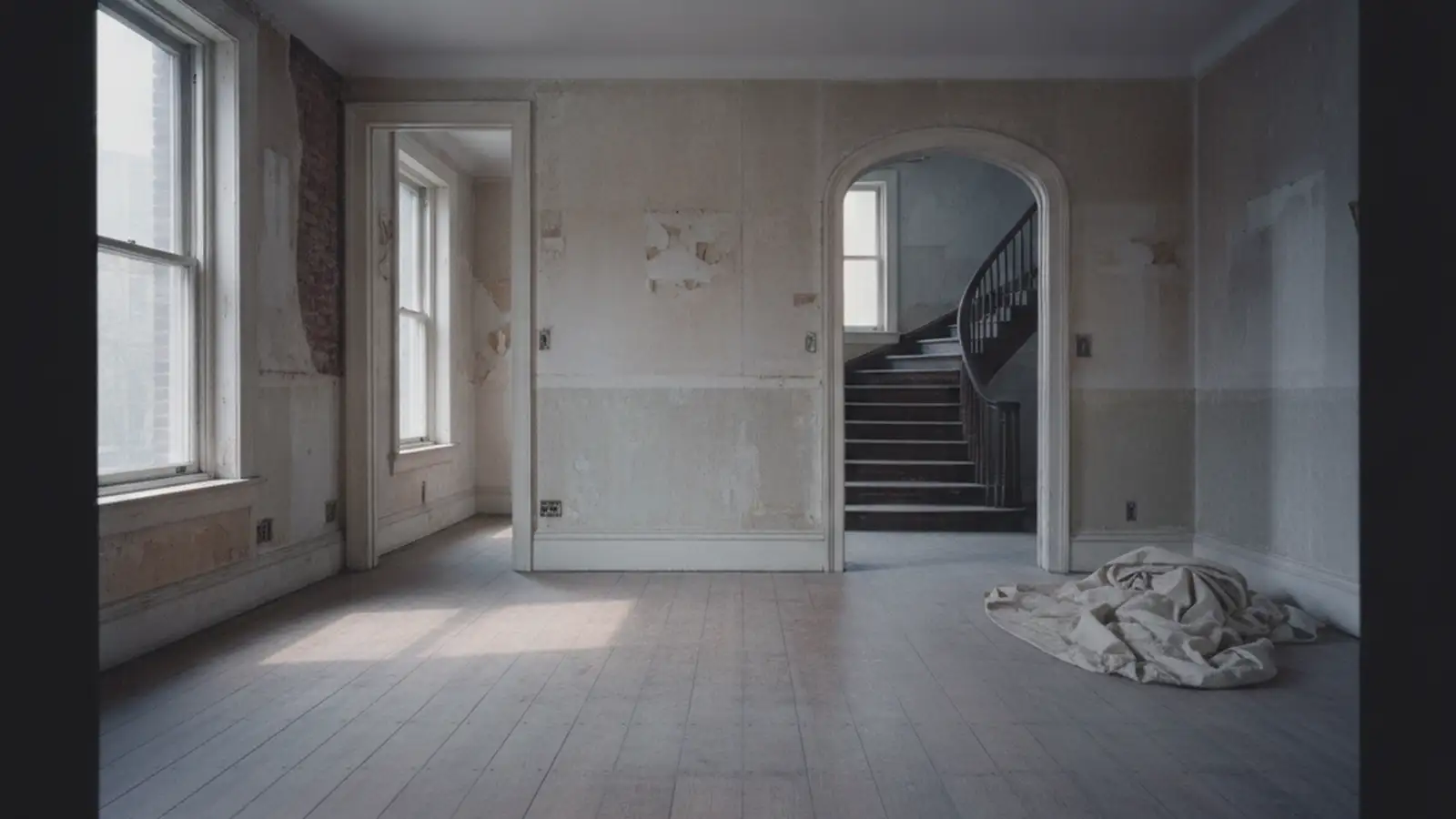 A quiet stripped brownstone interior with daylight across a wide-plank floor and a doorway onto the parlor stair.