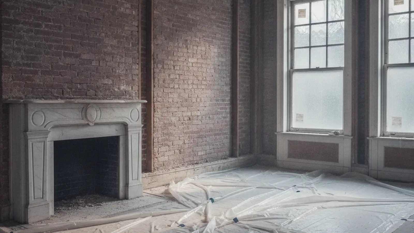 A brownstone parlor floor mid strip-out, plaster off one wall to bare brick, tall original windows and a marble mantel still in place.