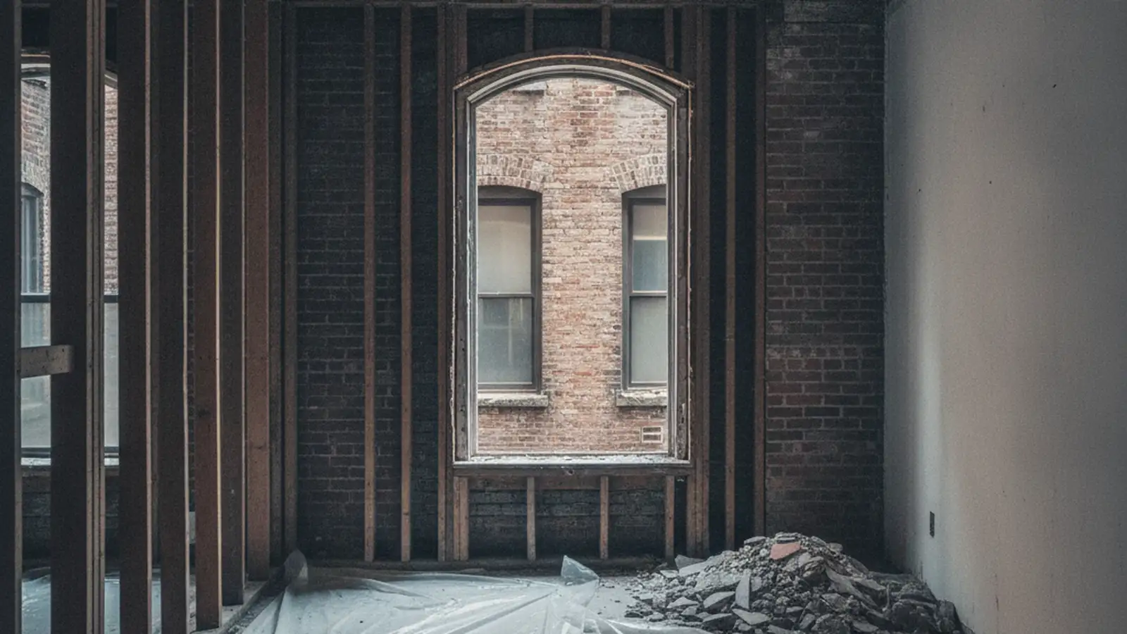 A pre-war Brooklyn apartment taken back to the studs and joists, protective sheeting on the floor, a window onto a brick lightwell.