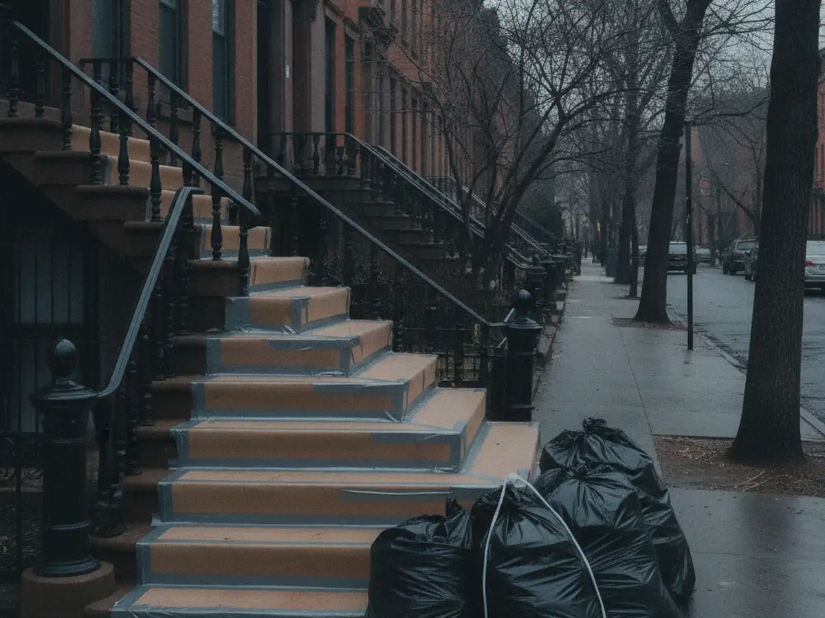 A brownstone stoop with protective board taped down its steps and bagged debris waiting at the curb below.