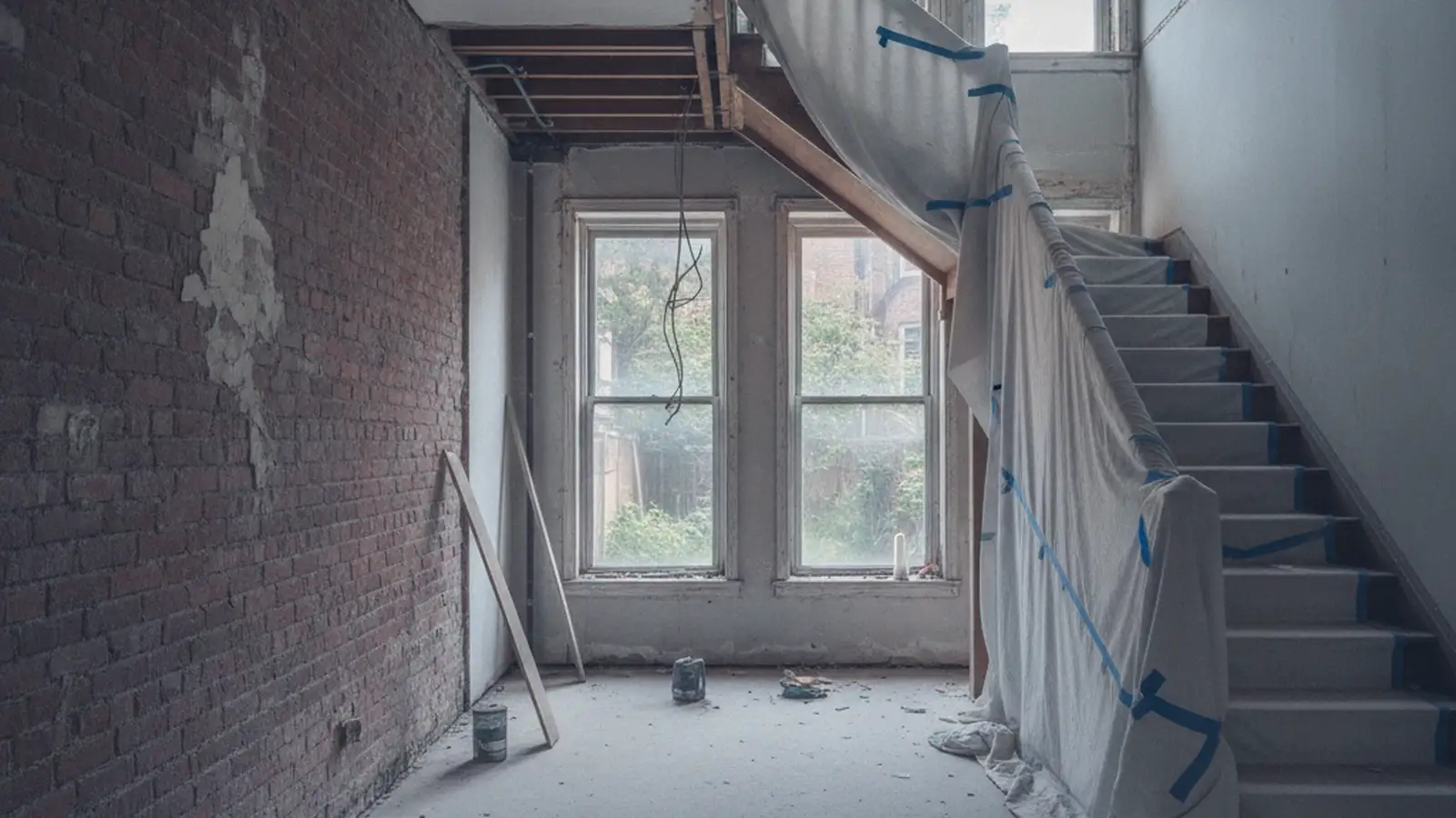 A row house interior stripped to the brick party wall, the original wood stair and banister wrapped in protection.