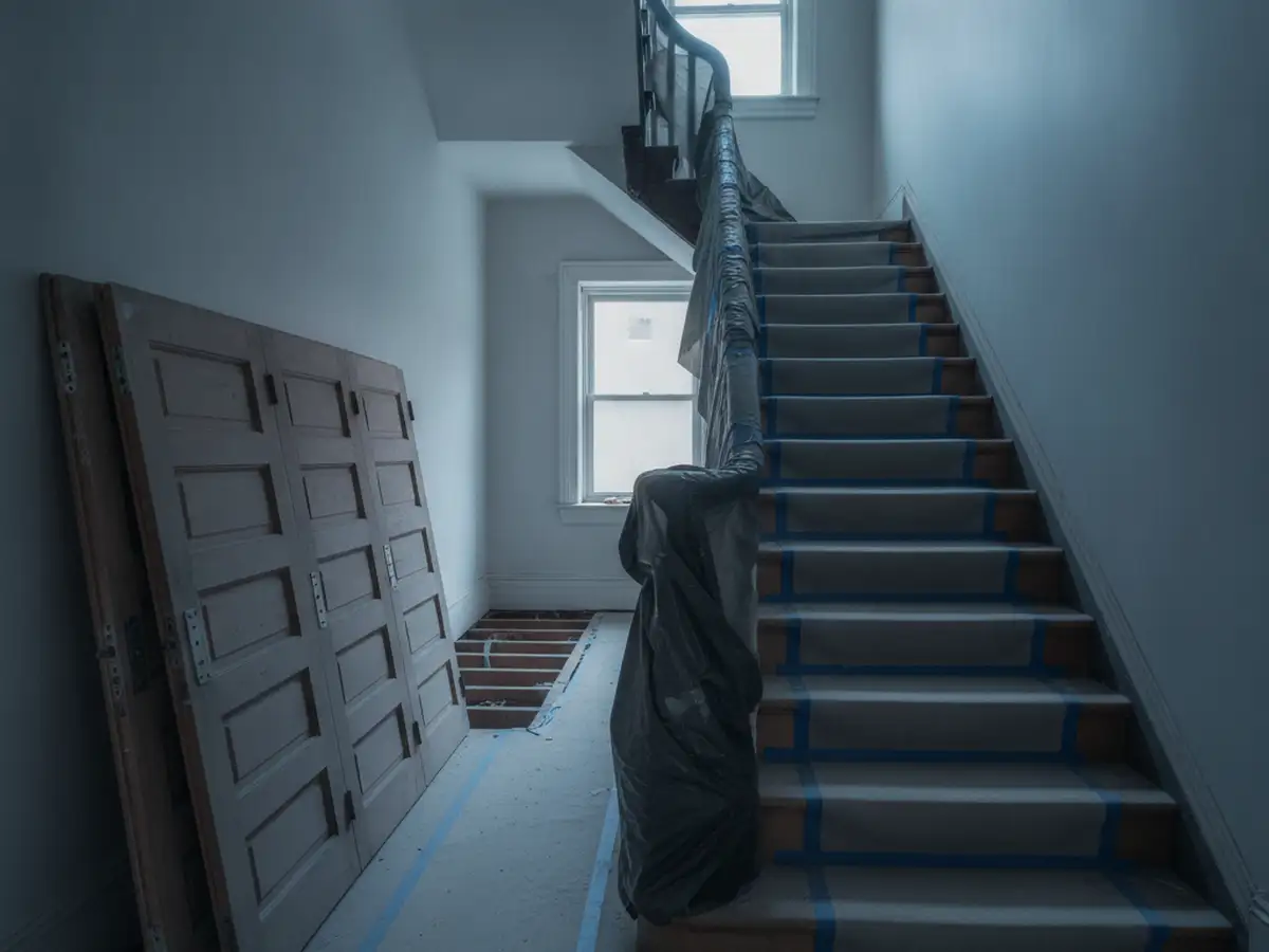 A narrow row-house hallway with the stair treads and handrail covered in protective board and doors stacked against the wall.